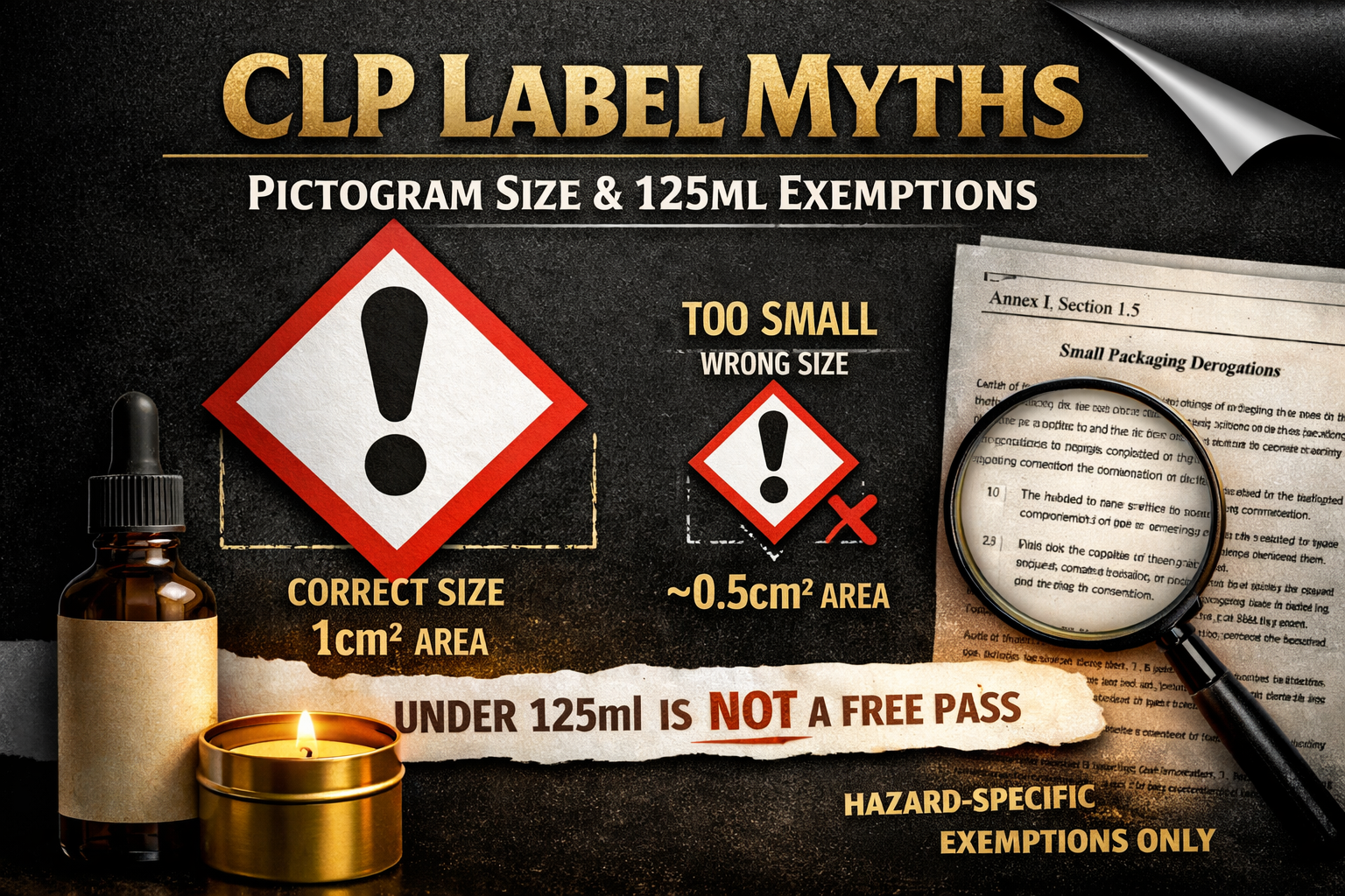 CLP pictogram size comparison showing correct 1cm² hazard diamond and incorrect undersized symbol with 125ml exemption warning