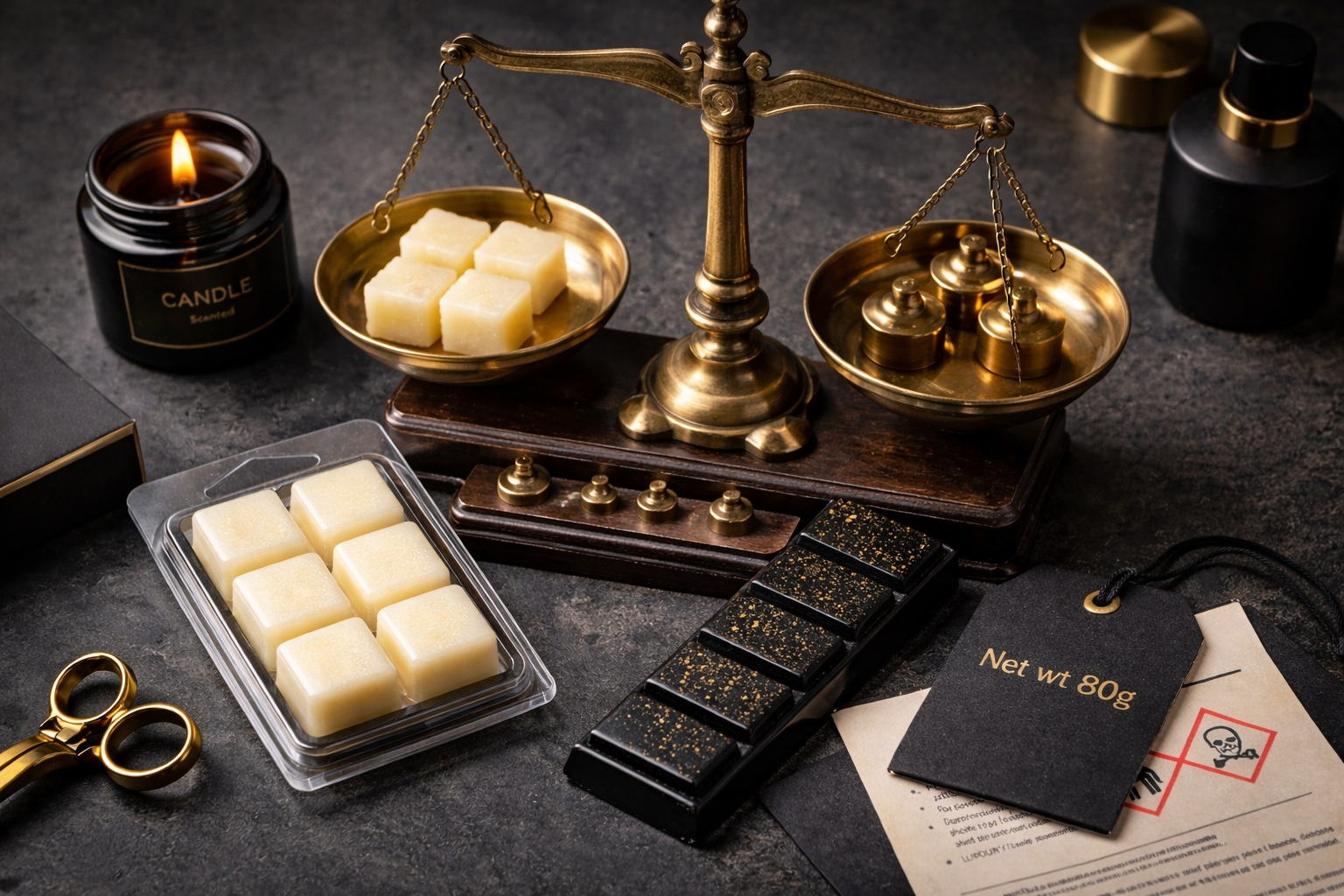 Vintage brass weighing scales with wax melts on a dark background
