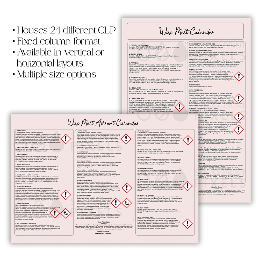 Advent CLP Labels for up to 24 or 25 Fragrances – Column Design (MOQ 20)