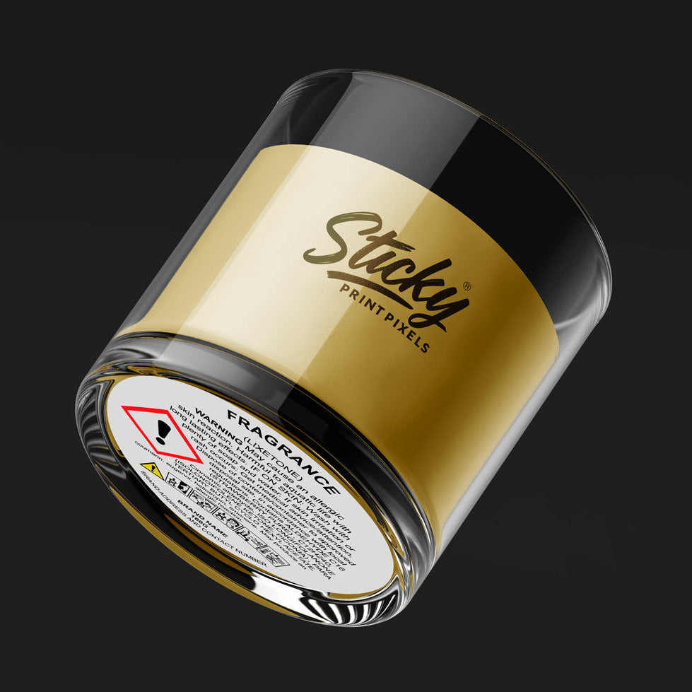 Jar with gold label and 'Sticky Print Pixels' branding on a black background