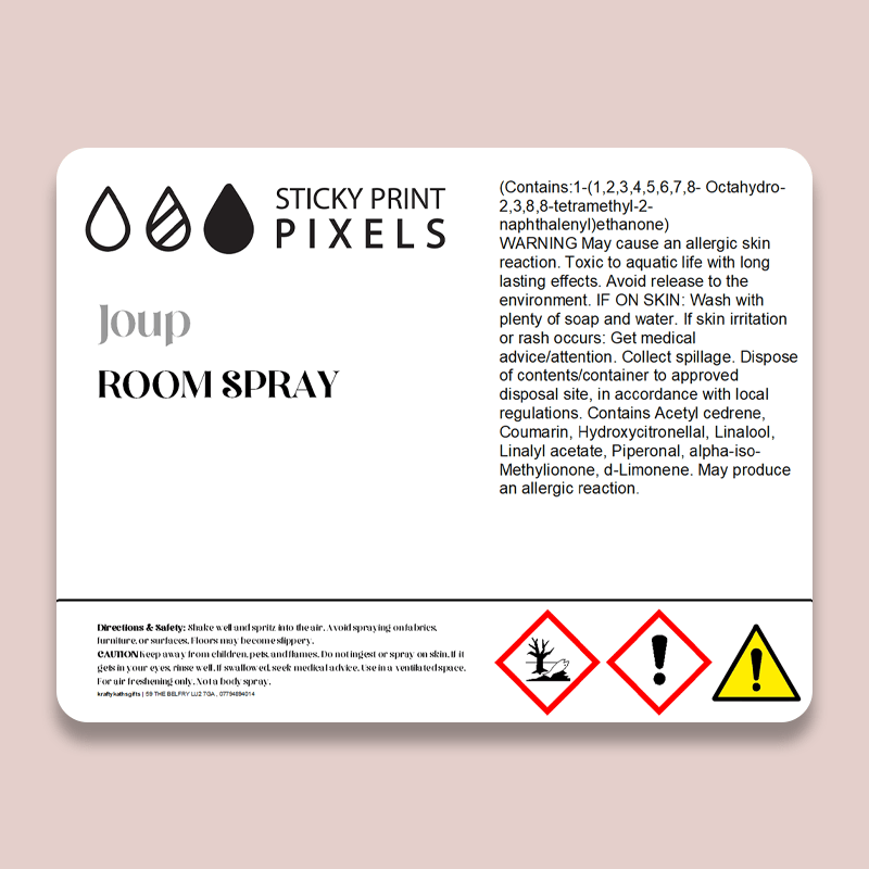 Custom Room Spray CLP Labels with Logo (Non - Hazardous Base) – 10 Stickers Per Strip - by Sticky Print Pixels